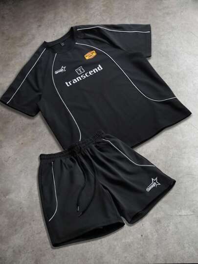 PAVTROS Ensemble de vêtements de sport pour hommes, t-shirt avec bordure contrastée et short. Ensemble short 2 pièces pour hommes