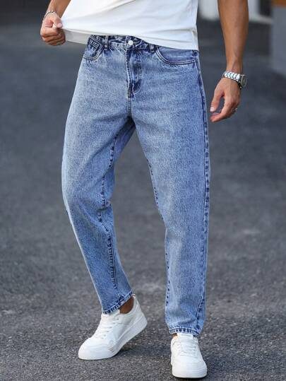 RONVEXI Jeans en denim délavé moyen coupe carotte élégante pour hommes avec design de fermeture éclair confortable