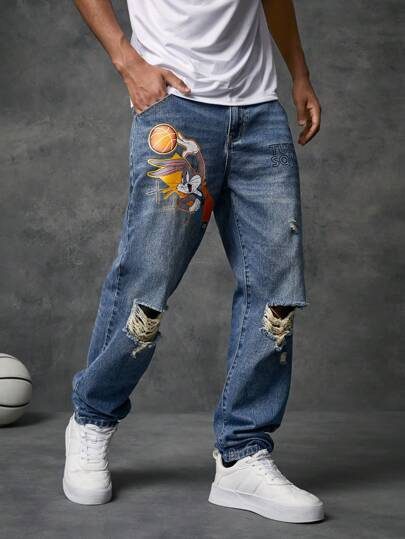 SPACE JAM: A NEW LEGACY X SHEIN Homme Jean Droit Dessin Animé Déchiré