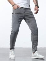 Manfinity Homme Jeans skinny lavés pour hommes, jeans slim foncés unis, jeans cargo gris clair lavés longs. Idéal pour les maris et les petits amis. – Image 2