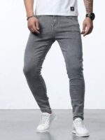 Manfinity Homme Jeans skinny lavés pour hommes, jeans slim foncés unis, jeans cargo gris clair lavés longs. Idéal pour les maris et les petits amis. – Image 4