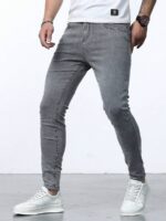 Manfinity Homme Jeans skinny lavés pour hommes, jeans slim foncés unis, jeans cargo gris clair lavés longs. Idéal pour les maris et les petits amis. – Image 6