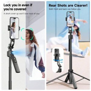 Trépied de suivi du visage automatique pour smartphones, bâton à selfie Bluetooth 3 en 1 en aluminium extensible, trépied pour téléphone portable avec rotation à 360°, télécommande sans fil et support de téléphone, bâton à selfie trépied pour iPhone 16/15/14/13/12 Pro, téléphone Android, noir