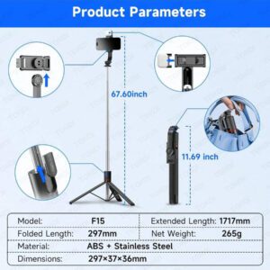 TOKQI Perche à selfie sans fil de 67,24 pouces (170 cm), trépied télescopique et pliable pour smartphones. Permet une prise de vue stable et équilibrée pour les lives et les selfies. Compatible avec de nombreux modèles de smartphones. Convient pour la diffusion en direct.