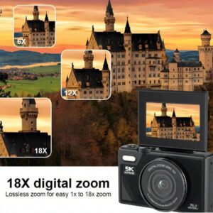 Caméra compacte 5K - Caméra 75MP & Vlogging, avec écran pivotant, flash, anti-secousse, zoom 18X, multiples modes, comprend une carte SD 32Go et une batterie rechargeable - Parfait pour les voyages et les réseaux sociaux, idéal pour Pâques, cadeau d'anniversaire