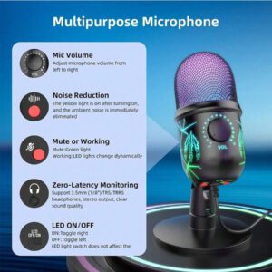 Microphone USB pour ordinateur avec éclairage RVB, microphone pour diffusion en direct pour PC, ordinateur portable, tablette, téléphone, avec fonction de réduction du bruit et de sourdine