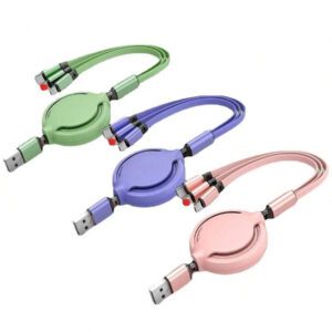 Câble de charge rétractable 3-en-1 de couleur macaron compatible avec Huawei/Android/Téléphones, câble de charge multi-têtes en gros, Type-C, câble de données de charge rapide, câble de charge super rapide 66W