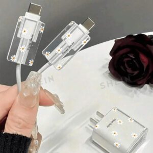 Étui de protection de chargeur à motif marguerite coloré, protecteur de câble de charge transparent anti-pliage, compatible avec 15/14 Pro Max/13/12, compatible avec iPad 18/20W